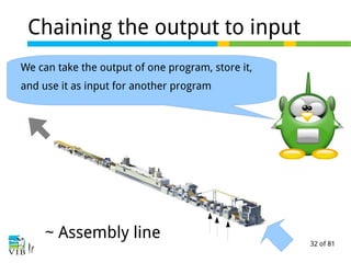 32 of 81
Chaining the output to input
We can take the output of one program, store it,
and use it as input for another program
~ Assembly line
 