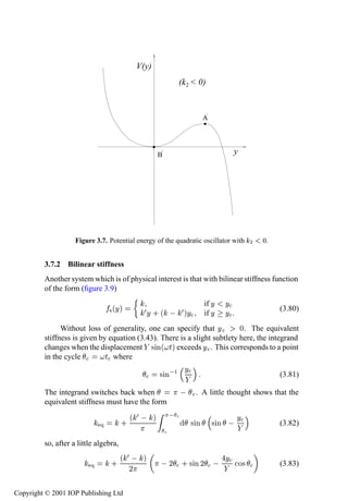 98           FRFs of nonlinear systems


                                            V(y)
                                                            (k2 < 0)


                                                                      A




                                                    B                              y




                    Figure 3.7. Potential energy of the quadratic oscillator with           ¾   ¼.

         3.7.2 Bilinear stiffness
         Another system which is of physical interest is that with bilinear stiffness function
         of the form (ﬁgure 3.9)
                                                                      if Ý     Ý
                                 × ´Ýµ        ¼Ý · ´      ¼ µÝ        if Ý     Ý   .
                                                                                                     (3.80)

               Without loss of generality, one can specify that Ý          ¼. The equivalent
         stiffness is given by equation (3.43). There is a slight subtlety here, the integrand
         changes when the displacement × Ò´ Øµ exceeds Ý . This corresponds to a point
         in the cycle         Ø where
                                                             Ý
                                                    × Ò ½                                            (3.81)

         The integrand switches back when                         . A little thought shows that the
         equivalent stiffness must have the form

                                           ´ ¼  µ        
                             Õ         ·                         ×Ò       ×Ò    Ý                    (3.82)

         so, after a little algebra,
                                       ´ ¼  µ
                         Õ       ·
                                         ¾
                                                     ¾      · × Ò¾          Ý          Ó×            (3.83)


Copyright © 2001 IOP Publishing Ltd
 