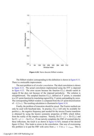 Computation   147
                                           1.5




                                           1.2




                                           1.0
                        Windoe Magnitude




                                           0.8




                                           0.5




                                           0.2




                                           0.0
                                                 0    64   128   192 256 320       384    448   512
                                                                  Window Index

                                                 Figure 4.10. Naive discrete Hilbert window.


               The Hilbert window corresponding to this deﬁnition is shown in ﬁgure 4.11.
         There is a noticeable improvement.
               The next problem is of circular convolution. The ideal convolution is shown
         in ﬁgure 4.12. The actual convolution implemented using the FFT is depicted
         in ﬁgure 4.13. The error occurs because the function ´ µ should vanish in
         region B but does not because of the imposed periodicity. The solution is
         straightforward. The sampled function ´ µ, deﬁned at Æ points, is extended
         to a ¾Æ -point function by translating region B by Æ points and padding by zeros.
         The corresponding Hilbert window is computed from the ¾Æ -point discretization
         of  ½ ´ µ. The resulting calculation is illustrated in ﬁgure 4.14.
               Finally, the problem of truncation should be raised. The Fourier method can
         only be used with baseband data. In practice, ´ µ will only be available for
         positive , the negative frequency part needed for the inverse Fourier transform
         is obtained by using the known symmetry properties of FRFs which follow
         from the reality of the impulse response. Namely, Ê ´  µ             Ê ´ µ and
         ÁÑ ´  µ   ÁÑ ´ µ. If one naively completes the FRF of zoomed data by
         these reﬂections, the result is as shown in ﬁgure 4.15(b), instead of the desired
         ﬁgure 4.15(a). This leads to errors in the convolution. One way of overcoming
         this problem is to pad the FRF with zeros from            ¼ to        Ñ Ò. This is

Copyright © 2001 IOP Publishing Ltd
 