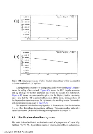 Identiﬁcation of nonlinear systems            175




         Figure 4.31. Impulse response and envelope function for a nonlinear system under random
         excitation: (a) low level; (b) high level.

              An experimental example for an impacting cantilever beam (ﬁgure 4.33) also
         shows the utility of the method. Figure 4.34 shows the FRF, impulse response
         and log envelope for the low excitation case where the system does not impact.
         Figure 4.35 shows the corresponding plots for the high-excitation contacting
         case—note that the FRF is considerably noisier. If the initial, linear, portions of
         the log envelope curves are used for regression, the resulting natural frequencies
         and damping ratios are given in ﬁgure 4.36.
                 Ô
              The apparent variation in damping ratio is due to the fact that the deﬁnition
                    Ñ depends on the nonlinear stiffness. The corresponding value of
         should be constant (by linearization arguments presented in chapter 2).


         4.8 Identiﬁcation of nonlinear systems
         The method described in this section is the result of a programme of research by
         Feldman [92, 93, 94]. It provides a means of obtaining the stiffness and damping


Copyright © 2001 IOP Publishing Ltd
 