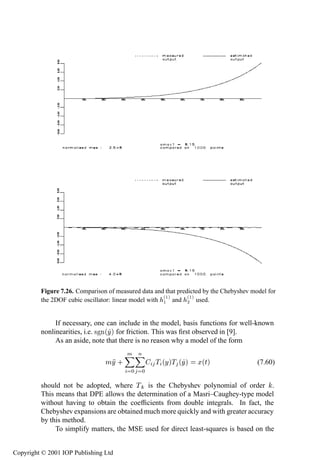 318         System identiﬁcation—continuous time




         Figure 7.26. Comparison of measured data and that predicted by the Chebyshev model for
                                                      ´½µ      ´½µ
         the 2DOF cubic oscillator: linear model with ½ and ¾ used.


              If necessary, one can include in the model, basis functions for well-known
         nonlinearities, i.e. × Ò´Ý µ for friction. This was ﬁrst observed in [9].
              As an aside, note that there is no reason why a model of the form
                                        Ñ Ò
                                ÑÝ ·              Ì ´ÝµÌ ´Ýµ      Ü´Øµ                  (7.60)
                                          ¼ ¼
         should not be adopted, where Ì is the Chebyshev polynomial of order .
         This means that DPE allows the determination of a Masri–Caughey-type model
         without having to obtain the coefﬁcients from double integrals. In fact, the
         Chebyshev expansions are obtained much more quickly and with greater accuracy
         by this method.
              To simplify matters, the MSE used for direct least-squares is based on the


Copyright © 2001 IOP Publishing Ltd
 