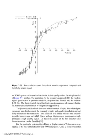 System identiﬁcation using optimization       373




                                 Force




                                                                          Velocity




         Figure 7.75. Force–velocity curve from shock absorber experiment compared with
         hyperbolic tangent model.


         an SDOF system under vertical excitation in this conﬁguration, the simple model
         of ﬁgure 7.71 applies. The excitation for the system was provided by the random
         signal generator of a spectrum analyser, ampliﬁed and ﬁltered into the interval
         2–30 Hz. The band-limited signal facilitates post-processing of measured data,
         i.e. numerical differentiation or integration (appendix I).
               The piezoelectric load cell provided a measurement of Ü´Øµ. The other signal
         measured was displacement, the required velocity and acceleration being arrived
         at by numerical differentiation. This decision was made because the actuator
         actually incorporates an LVDT (linear voltage displacement transducer) which
         produces a high quality signal. A detailed account of the test structure and
         instrumentation can be found in [50].
               For the particular test considered here, a displacement of 3.0 mm rms was
         applied at the base of the absorber and 7000 samples of Ü and Ý were obtained at


Copyright © 2001 IOP Publishing Ltd
 