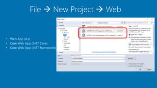 File  New Project  Web
• Web App (4.x)
• Core Web App (.NET Core)
• Core Web App (.NET framework)
 