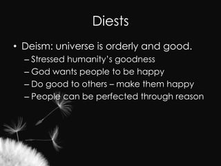 So What?Deisms made the impulse to do good for others one of the nation’s highest goals.Today social welfare is still a top priority.  It’s also the topic of a lot of debate.