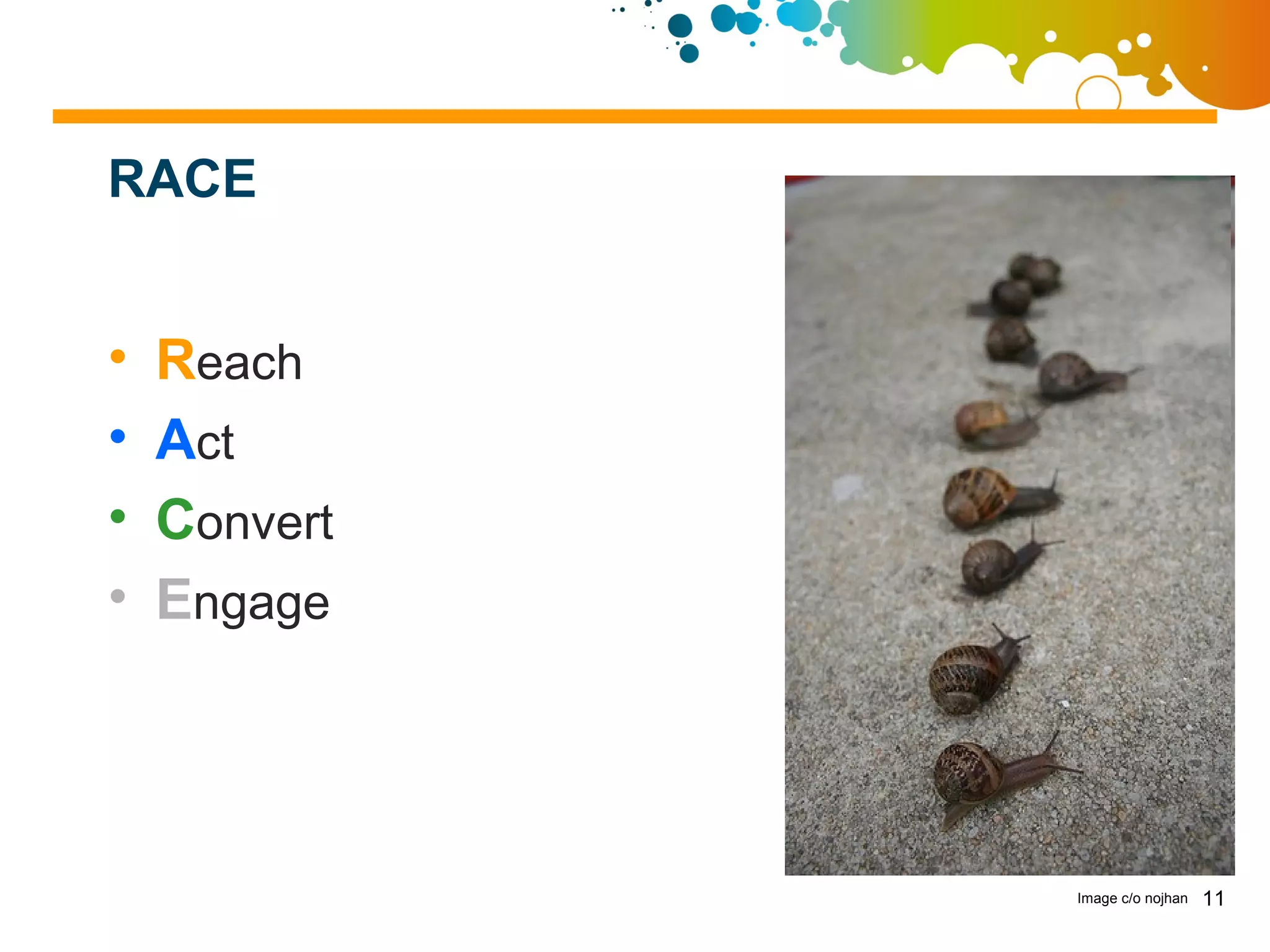 RACE


•   Reach
•   Act
•   Convert
•   Engage




              Image c/o nojhan   11
 