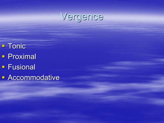 Vergence
 Tonic
 Proximal
 Fusional
 Accommodative
 