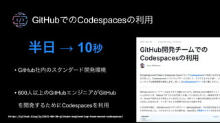GitHubでのCodespacesの利用
半日 → 10秒
https://github.blog/jp/2021-08-30-githubs-engineering-team-moved-codespaces/
• GitHub社内のスタンダード開発環境 
• 600人以上のGitHubエンジニアがGitHub
を開発するためにCodespacesを利用
 