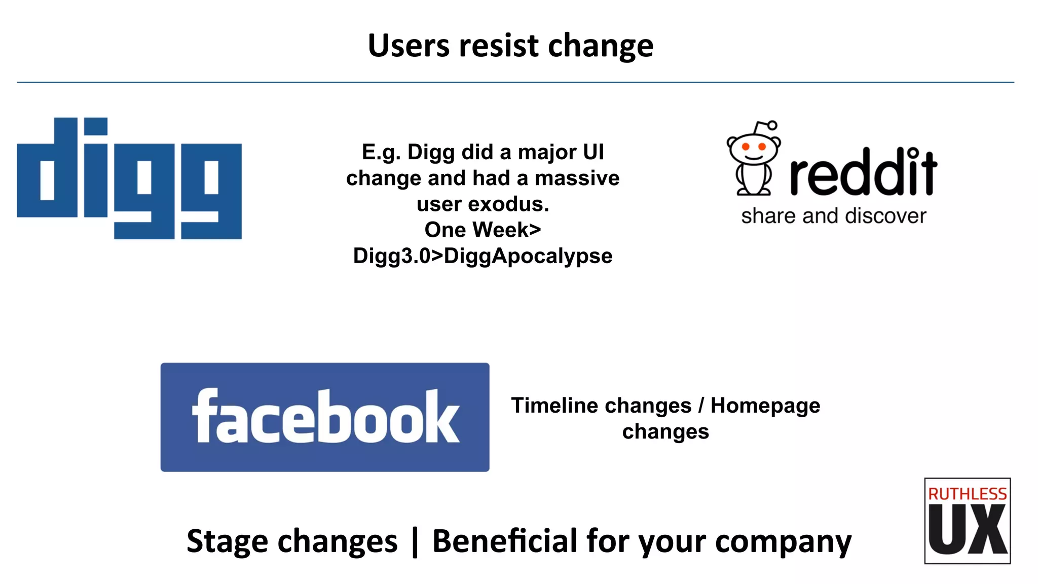Users	
  resist	
  change	
  
Stage	
  changes	
  |	
  Beneﬁcial	
  for	
  your	
  company	
  
E.g. Digg did a major UI
change and had a massive
user exodus.
One Week>
Digg3.0>DiggApocalypse
Timeline changes / Homepage
changes
 