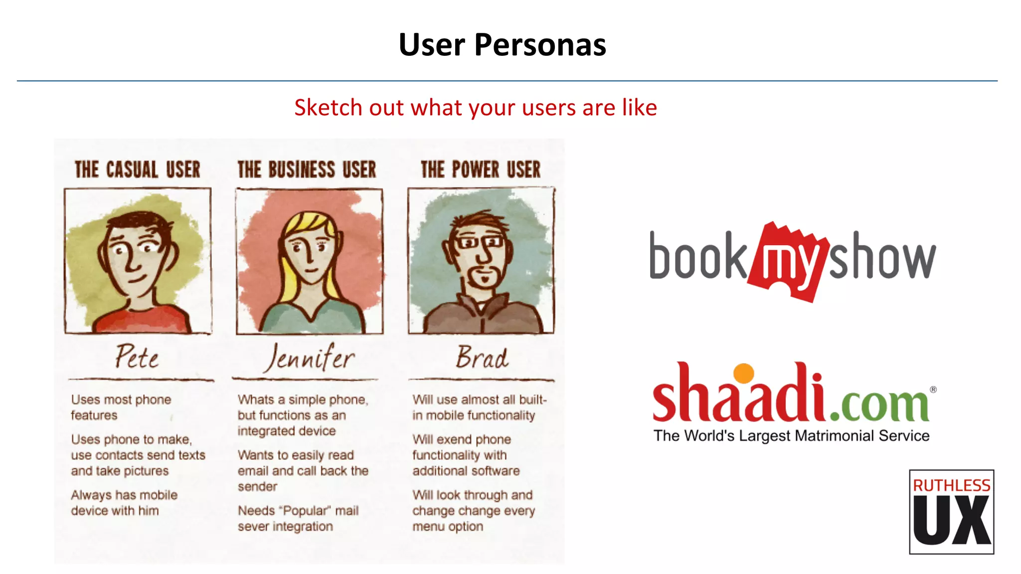 User	
  Personas	
  
Sketch	
  out	
  what	
  your	
  users	
  are	
  like	
  
 