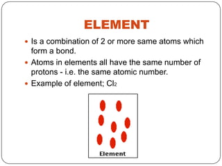 ELEMENT
 Is a combination of 2 or more same atoms which
  form a bond.
 Atoms in elements all have the same number of
  protons - i.e. the same atomic number.
 Example of element; Cl2
 