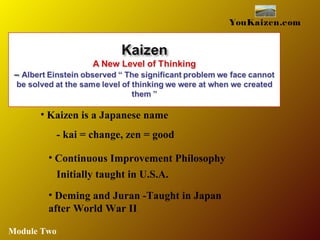 • Kaizen is a Japanese name
- kai = change, zen = good
• Continuous Improvement Philosophy
Initially taught in U.S.A.
• Deming and Juran -Taught in Japan
after World War II
YouKaizen.com
Module Two
 