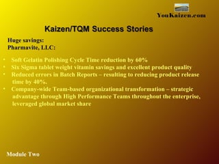 YouKaizen.com
Huge savings:
Pharmavite, LLC:
• Soft Gelatin Polishing Cycle Time reduction by 60%
• Six Sigma tablet weight vitamin savings and excellent product quality
• Reduced errors in Batch Reports – resulting to reducing product release
time by 40%.
• Company-wide Team-based organizational transformation – strategic
advantage through High Performance Teams throughout the enterprise,
leveraged global market share
Module Two
 