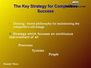  Deming - based philosophy for maintaining the
competitive advantage
Processes
Systems
People
Strategy which focuses on continuous
improvement of all
YouKaizen.com
Module Three
 