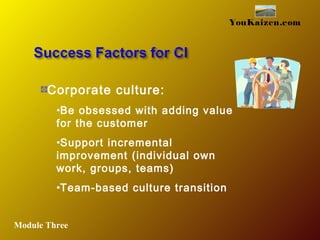YouKaizen.com
Corporate culture:
•Be obsessed with adding value
for the customer
•Support incremental
improvement (individual own
work, groups, teams)
•Team-based culture transition
Module Three
 