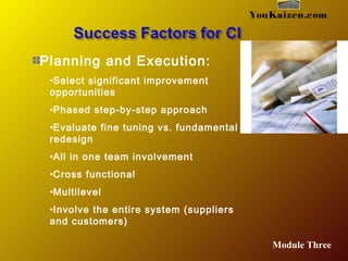 YouKaizen.com
Planning and Execution:
•Select significant improvement
opportunities
•Phased step-by-step approach
•Evaluate fine tuning vs. fundamental
redesign
•All in one team involvement
•Cross functional
•Multilevel
•Involve the entire system (suppliers
and customers)
Module Three
 