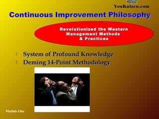  System of Profound KnowledgeSystem of Profound Knowledge
 Deming 14-Point MethodologyDeming 14-Point Methodology
Module One
YouKaizen.com
Revolutionized the WesternRevolutionized the Western
Management MethodsManagement Methods
& Practices& Practices
 