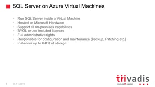 SQL Server on Azure Virtual Machines
8 09.11.2018
• Run SQL Server inside a Virtual Machine
• Hosted on Microsoft Hardware
• Support all on-premises capabilities
• BYOL or use included licences
• Full administrative rights
• Responsible for configuration and maintenance (Backup, Patching etc.)
• Instances up to 64TB of storage
 