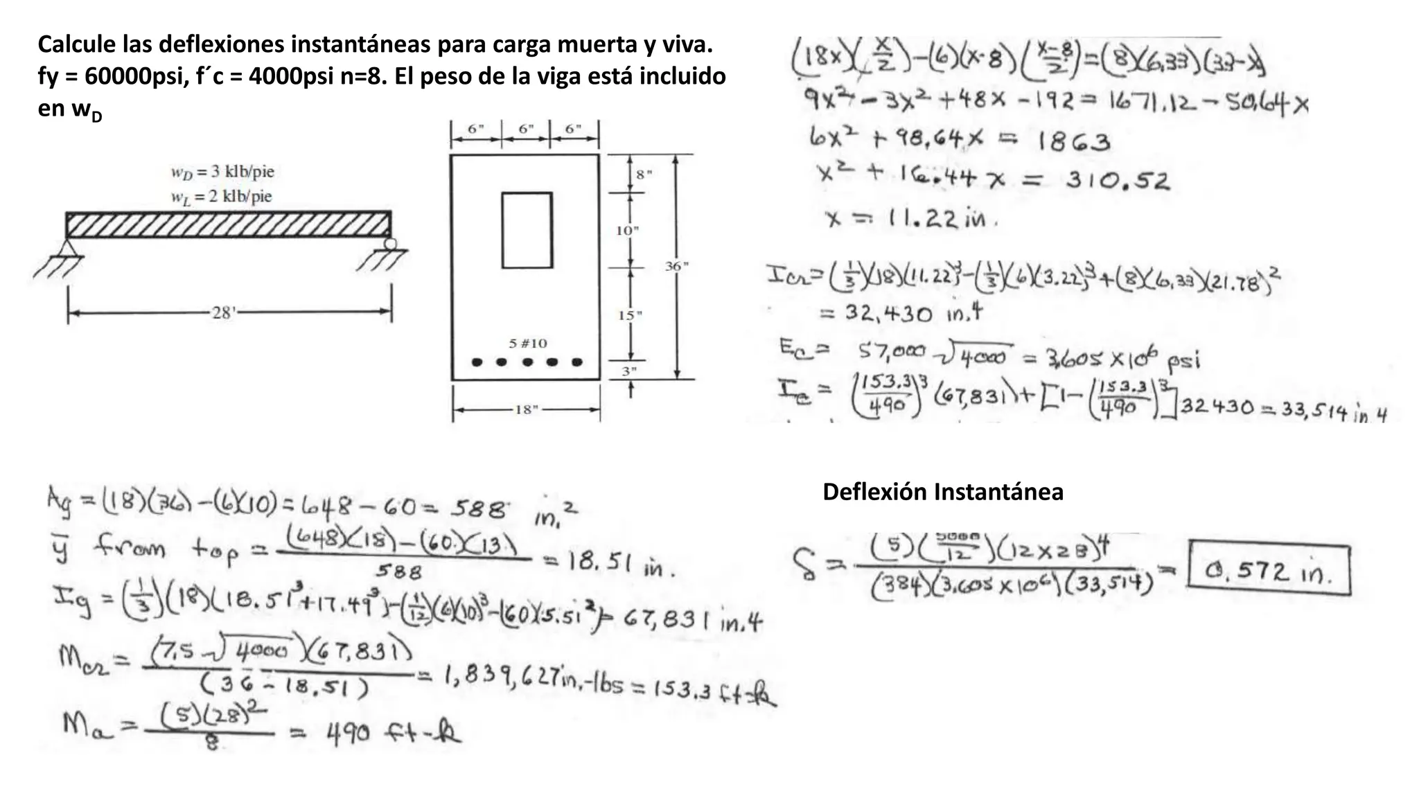 Calcule las deflexiones instantáneas para carga muerta y viva.
fy = 60000psi, f´c = 4000psi n=8. El peso de la viga está incluido
en wD
Deflexión Instantánea
 