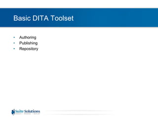 Basic DITA Toolset
•
•
•

Authoring
Publishing
Repository

 