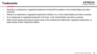 34
© Hitachi, Ltd. 2024. All rights reserved.
Trademarks
• OpenID is a trademark or registered trademark of OpenID Foundation in the United States and other
countries.
• GitHub is a trademark or registered trademark of GitHub, Inc. in the United States and other countries.
• X is a trademark or registered trademark of X Corp. in the United States and other countries.
• Other brand names and product names used in this material are trademarks, registered trademarks, or
trade names of their respective holders.
 