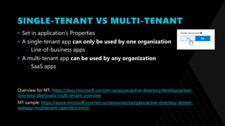 SINGLE-TENANT VS MULTI-TENANT
• Set in application’s Properties
• A single-tenant app can only be used by one organization
o Line-of-business apps
• A multi-tenant app can be used by any organization
o SaaS apps
Overview for MT: https://docs.microsoft.com/en-us/azure/active-directory/develop/active-
directory-devhowto-multi-tenant-overview
MT sample: https://azure.microsoft.com/en-us/resources/samples/active-directory-dotnet-
webapp-multitenant-openidconnect/
 