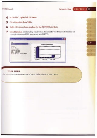 7':':'ORIAL 1 Introduction CHAPTER 1
4 In the TOC, right-click US States.
5 Click Open Attribute Table.
6 Right-click the column heading for the POP2000 attribute.
7 Click Statistics. The resulting window has statistics for the five selected states; for
example, the mean 2000 population is 6,652,779.
SHec:tion Stahshc:. of lJSStalc5 ElJrRJ
~..,.
' 1' ~l
,,-,
~ ~819:M6- "lk _2tB51821l
"" """'"Wt¥c 6652779.2
SWdood O~ 7153122.3!i7671
YOUR TURN
I
•
,
,
"18190~ 6
Fr .r~""'c", 01$11 HMklu
10815791 189125lti
~rics for a new selection of states and attribute of your choice.
~------------------------------.
 