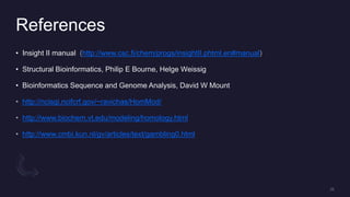 References
• Insight II manual http://www.csc.fi/chem/progs/insightII.phtml.en#manual
• Structural Bioinformatics, Philip E Bourne, Helge Weissig
• Bioinformatics Sequence and Genome Analysis, David W Mount
http://ncisgi.ncifcrf.gov/~ravichas/HomMod/
http://www.biochem.vt.edu/modeling/homology.html
http://www.cmbi.kun.nl/gv/articles/text/gambling0.html
 