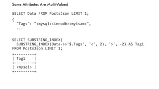 Some Attributes Are Multi-Valued
SELECT Data FROM PostsJson LIMIT 1;
{
"Tags": "<mysql><innodb><myisam>",
...
SELECT SUBSTRING_INDEX(
SUBSTRING_INDEX(Data->>'$.Tags', '<', 2), '>', -2) AS Tag1
FROM PostsJson LIMIT 1;
+---------+
| Tag1 |
+---------+
| <mysql> |
+---------+
 