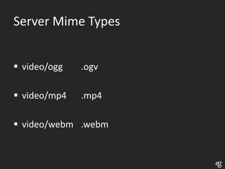 Server Mime Types


 video/ogg   .ogv

 video/mp4   .mp4

 video/webm .webm
 