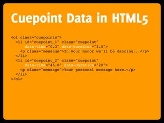 Cuepoint Data in HTML5
<ol class="cuepoints">
  <li id="cuepoint_1" class="cuepoint"
      data-time="0.3" data-duration="3.5">
    <p class="message">In your honor we'll be dancing...</p>
  </li>
  <li id="cuepoint_2" class="cuepoint"
      data-time="46.0" data-duration="20">
    <p class="message">Your personal message here.</p>
  </li>
</ol>
 