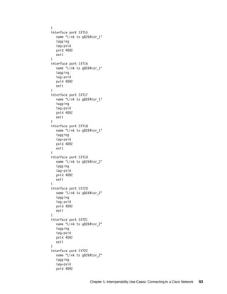 Chapter 5. Interoperability Use Cases: Connecting to a Cisco Network 93
!
interface port EXT15
name "Link to g8264tor_1"
tagging
tag-pvid
pvid 4092
exit
!
interface port EXT16
name "Link to g8264tor_1"
tagging
tag-pvid
pvid 4092
exit
!
interface port EXT17
name "Link to g8264tor_1"
tagging
tag-pvid
pvid 4092
exit
!
interface port EXT18
name "Link to g8264tor_1"
tagging
tag-pvid
pvid 4092
exit
!
interface port EXT19
name "Link to g8264tor_2"
tagging
tag-pvid
pvid 4092
exit
!
interface port EXT20
name "Link to g8264tor_2"
tagging
tag-pvid
pvid 4092
exit
!
interface port EXT21
name "Link to g8264tor_2"
tagging
tag-pvid
pvid 4092
exit
!
interface port EXT22
name "Link to g8264tor_2"
tagging
tag-pvid
pvid 4092
 