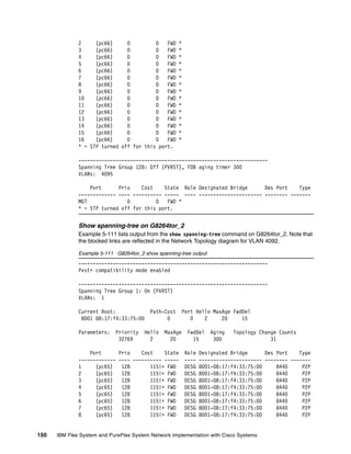 150 IBM Flex System and PureFlex System Network Implementation with Cisco Systems
2 (pc66) 0 0 FWD *
3 (pc66) 0 0 FWD *
4 (pc66) 0 0 FWD *
5 (pc66) 0 0 FWD *
6 (pc66) 0 0 FWD *
7 (pc66) 0 0 FWD *
8 (pc66) 0 0 FWD *
9 (pc66) 0 0 FWD *
10 (pc66) 0 0 FWD *
11 (pc66) 0 0 FWD *
12 (pc66) 0 0 FWD *
13 (pc66) 0 0 FWD *
14 (pc66) 0 0 FWD *
15 (pc66) 0 0 FWD *
16 (pc66) 0 0 FWD *
* = STP turned off for this port.
------------------------------------------------------------------
Spanning Tree Group 128: Off (PVRST), FDB aging timer 300
VLANs: 4095
Port Prio Cost State Role Designated Bridge Des Port Type
------------- ---- ---------- ----- ---- ---------------------- -------- -------
MGT 0 0 FWD *
* = STP turned off for this port.
Show spanning-tree on G8264tor_2
Example 5-111 lists output from the show spanning-tree command on G8264tor_2. Note that
the blocked links are reflected in the Network Topology diagram for VLAN 4092.
Example 5-111 G8264tor_2 show spanning-tree output
------------------------------------------------------------------
Pvst+ compatibility mode enabled
------------------------------------------------------------------
Spanning Tree Group 1: On (PVRST)
VLANs: 1
Current Root: Path-Cost Port Hello MaxAge FwdDel
8001 08:17:f4:33:75:00 0 0 2 20 15
Parameters: Priority Hello MaxAge FwdDel Aging Topology Change Counts
32769 2 20 15 300 31
Port Prio Cost State Role Designated Bridge Des Port Type
------------- ---- ---------- ----- ---- ---------------------- -------- -------
1 (pc65) 128 115!+ FWD DESG 8001-08:17:f4:33:75:00 8440 P2P
2 (pc65) 128 115!+ FWD DESG 8001-08:17:f4:33:75:00 8440 P2P
3 (pc65) 128 115!+ FWD DESG 8001-08:17:f4:33:75:00 8440 P2P
4 (pc65) 128 115!+ FWD DESG 8001-08:17:f4:33:75:00 8440 P2P
5 (pc65) 128 115!+ FWD DESG 8001-08:17:f4:33:75:00 8440 P2P
6 (pc65) 128 115!+ FWD DESG 8001-08:17:f4:33:75:00 8440 P2P
7 (pc65) 128 115!+ FWD DESG 8001-08:17:f4:33:75:00 8440 P2P
8 (pc65) 128 115!+ FWD DESG 8001-08:17:f4:33:75:00 8440 P2P
 