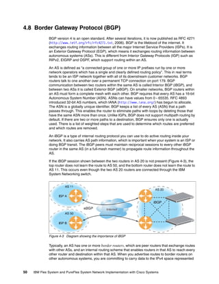 50 IBM Flex System and PureFlex System Network Implementation with Cisco Systems
4.8 Border Gateway Protocol (BGP)
BGP version 4 is an open standard. After several iterations, it is now published as RFC 4271
(http://www.ietf.org/rfc/rfc4271.txt, 2006). BGP is the lifeblood of the internet. It
exchanges routing information between all the major Internet Service Providers (ISPs). It is
an Exterior Gateway Protocol (EGP), which means it exchanges routing information between
autonomous systems (ASs). This is different from Interior Gateway Protocols (IGP) such as
RIPv2, EIGRP and OSPF, which support routing within an AS.
An AS is defined as “a connected group of one or more IP prefixes run by one or more
network operators which has a single and clearly defined routing policy”. This in real terms
tends to be an ISP network together with all of its downstream customer networks. BGP
routers talk to one another over a permanent TCP connection on port 179. BGP
communication between two routers within the same AS is called Interior BGP (iBGP), and
between two ASs it is called Exterior BGP (eBGP). On smaller networks, BGP routers within
an AS must form a complete mesh with each other. BGP requires that every AS has a 16-bit
Autonomous System Number (ASN). ASNs can have values from 0 - 65535. RFC 4893
introduced 32-bit AS numbers, which IANA (http://www.iana.org/) has begun to allocate.
The ASN is a globally unique identifier. BGP keeps a list of every AS (ASN) that a path
passes through. This enables the router to eliminate paths with loops by deleting those that
have the same ASN more than once. Unlike IGPs, BGP does not support multipath routing by
default. If there are two or more paths to a destination, BGP ensures only one is actually
used. There is a list of weighted steps that are used to determine which routes are preferred
and which routes are removed.
An iBGP is a type of internal routing protocol you can use to do active routing inside your
network. It also carries AS path information, which is important when your system is an ISP or
doing BGP transit. The iBGP peers must maintain reciprocal sessions to every other iBGP
router in the same AS (in a full-mesh manner) to propagate route information throughout the
AS.
If the iBGP session shown between the two routers in AS 20 is not present (Figure 4-3), the
top router does not learn the route to AS 50, and the bottom router does not learn the route to
AS 11. This occurs even though the two AS 20 routers are connected through the IBM
System Networking switch.
Figure 4-3 Diagram showing the importance of iBGP
Typically, an AS has one or more border routers, which are peer routers that exchange routes
with other ASs, and an internal routing scheme that enables routers in that AS to reach every
other router and destination within that AS. When you advertise routes to border routers on
other autonomous systems, you are committing to carry data to the IPv4 space represented
 