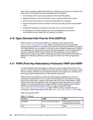 52 IBM Flex System and PureFlex System Network Implementation with Cisco Systems
local router can publish a global IPv6 prefix and a default route (to itself) to any hosts on the
same subnet. This system has some advantages over IPv4 systems:
A host always has the same unique global and link-local IPv6 address.
Address allocation is built into the system, with no separate DHCP server issues.
Both host and server devices can have their addresses auto configured.
Router advertisements that are received at the same time also gives the host its default
route.
Changing IP addresses is achieved at the router with no loss of connectivity.
In the absence of an IPv6 enabled router, link-local addresses can be used to
communicate across a single LAN, for example, for printing.
4.10 Open Shortest Path First for IPv6 (OSPFv3)
OSPFv3 works in a similar way to OSPFv2. It is defined in RFC standard 5340
(http://tools.ietf.org/html/rfc5340, 2008). The two protocols are not compatible,
however, because OSPFv3 is dedicated to sharing IPv6 routes whereas OSPFv2 is purely for
IPv4. Both protocols can run together on the same device. Neighbor adjacencies in OSPFv3
are established and maintained by using the link-local addresses, and not configured IPv4
addresses. Although OSPFv3 deals entirely with IPv6 addresses, you must define an
arbitrary 32-bit router-id expressed in dotted decimal (IPv4) format. Neither Cisco Nexus or
IBM system networking switches currently support the other main IPv6 routing protocol
RIPng.
4.11 FHRP (First Hop Redundancy Protocols) VRRP and HSRP
In a high-availability network topology, no device can create a single point of failure for the
network or force a single point-of-failure to any other part of the network. This situation means
that your network remains in service despite the failure of any single device. Achieving this
goal usually requires redundancy for all vital network components.
FHRP protocols are designed to protect the default gateway address that is used on a
subnetwork by allowing two or more routers to provide backup for that address. During a
failure of the active router, a backup router takes over the function of that address. FHRP
protocols have also been applied to other services that require redundancy for a single IP
address. Virtual Router Redundancy Protocol (VRRP) and Hot Standby Router Protocol
(HSRP) are similar FHRP protocols. VRRP is an open standard RFC 2338
(http://www.ietf.org/rfc/rfc2281.txt,1998). HSRP is a Cisco innovation that was
introduced in 1998 and described in RFC 2281 (http://www.ietf.org/rfc/rfc2281,1998).
Table 4-2 shows the FHRP.
Table 4-2 Protocols
Protocol HSRP VRRP
Availability Cisco only (including Nexus) Open standard Cisco Nexus
and IBM System Networking
RFC 2281 3768
 