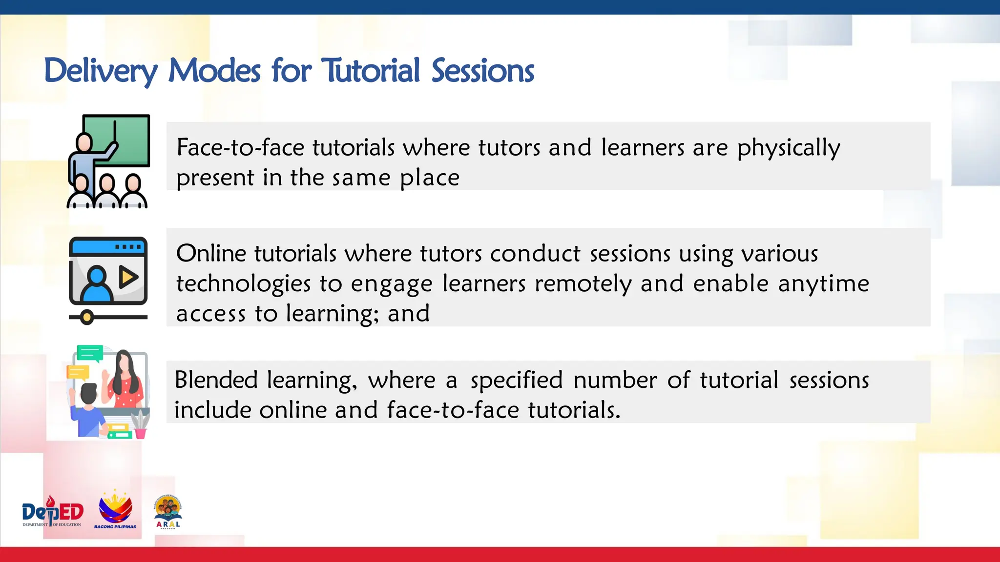 Delivery Modes for T
utorial Sessions
Blended learning, where a specified number of tutorial sessions
include online and face-to-face tutorials.
Face-to-face tutorials where tutors and learners are physically
present in the same place
Online tutorials where tutors conduct sessions using various
technologies to engage learners remotely and enable anytime
access to learning; and
 