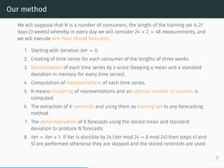 Our method
We will suppose that N is a number of consumers, the length of the training set is 21
days (3 weeks) whereby in every day we will consider 24 × 2 = 48 measurements, and
we will execute one hour ahead forecasts.
1. Starting with iteration iter = 0.
2. Creating of time series for each consumer of the lengths of three weeks.
3. Normalisation of each time series by z-score (keeping a mean and a standard
deviation in memory for every time series).
4. Computation of representations of each time series.
5. K-means clustering of representations and an optimal number of clusters is
computed.
6. The extraction of K centroids and using them as training set to any forecasting
method.
7. The denormalisation of K forecasts using the stored mean and standard
deviation to produce N forecasts.
8. iter = iter + 1. If iter is divisible by 24 (iter mod 24 = 0 mod 24) then steps 4) and
5) are performed otherwise they are skipped and the stored centroids are used.
7
 