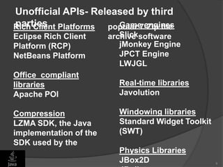 9
Unofficial APIs- Released by third
partiesRich Client Platforms
Eclipse Rich Client
Platform (RCP)
NetBeans Platform
Office_compliant
libraries
Apache POI
Compression
LZMA SDK, the Java
implementation of the
SDK used by the
popular 7-Zip file
archive software
Game engines
Slick
jMonkey Engine
JPCT Engine
LWJGL
Real-time libraries
Javolution
Windowing libraries
Standard Widget Toolkit
(SWT)
Physics Libraries
JBox2D
 