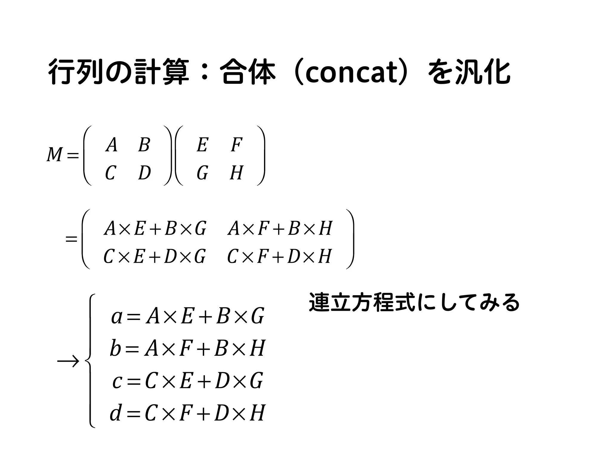 行列の計算：合体（concat）を汎化
連立方程式にしてみる
= A× E + B ×G A× F + B × H
C × E + D×G C × F + D× H
⎛
⎝
⎜
⎞
⎠
⎟
M = A B
C D
⎛
⎝
⎜
⎞
⎠
⎟
E F
G H
⎛
⎝
⎜
⎞
⎠
⎟
→
a = A× E + B ×G
b = A× F + B × H
c = C × E + D×G
d = C × F + D× H
⎧
⎨
⎪
⎪
⎩
⎪
⎪
 