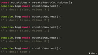 const countdown = createAsyncCountdown(3)
console.log(await countdown.next())
// { done: false, value: 3 }
console.log(await countdown.next())
// { done: false, value: 2 }
console.log(await countdown.next())
// { done: false, value: 1 }
console.log(await countdown.next())
// { done: false, value: 0 }
console.log(await countdown.next())
// { done: true } loige 50
 