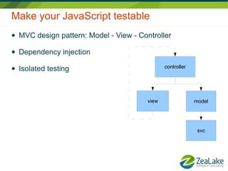 Make your JavaScript testable
●   MVC design pattern: Model - View - Controller

●   Dependency injection

●   Isolated testing                             controller




                                          view                model




                                                               svc
 
