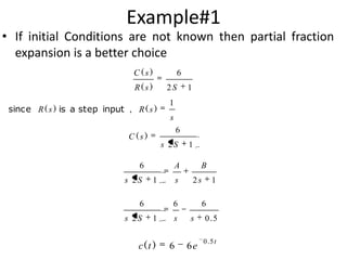 Example#1

• If initial Conditions are not known then partial fraction
expansion is a better choice
C(s)
R( s )

6
2S

since R ( s ) is a step input , R ( s )

1

1
s
6

C(s)

s 2S

6
s 2S

A
1

6
s 2S

1

s

B
2s

6
1

c( t )

s

6

1
6

s

0 .5

6e

0 .5 t

 