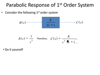Parabolic Response of 1st Order System
• Consider the following 1st order system
K

R( s )

R(s)

Ts
1
s

• Do it yourself

3

Therefore,

C(s)

1

C(s)

K
3

s Ts

1

 