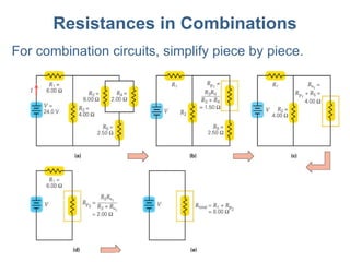 Resistances in Combinations For combination circuits, simplify piece by piece. 