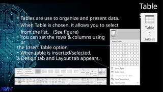 Table
s
• Tables are use to organize and present data.
• When Table is chosen, it allows you to select
from the list. (See figure)
• You can set the rows & columns using the grid
or
the Insert Table option
• When table is inserted/selected,
a Design tab and Layout tab appears.
 