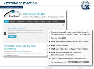 KEYSTONE COST ACTION
27/03/14 51Stefan Dietze
http://www.keystone-cost.eu/
 Research network focused on distributed search,
dataset profiling, to Semantic Web, Databases, etc.
 Running 2013-2017
 WG1: Representation of structured data sources
 WG2: Keyword search
 WG3: User interaction and query interpretation
 WG4: Research integration, showcases,
benchmarks, and evaluations
 Open to new members (even beyond Europe)
 Joint workshops (eg PROFILES2014 @ ESWC2014)
 