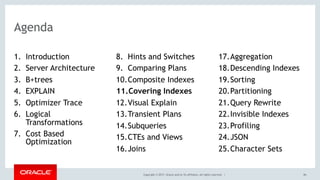 Copyright © 2017, Oracle and/or its affiliates. All rights reserved. |
Agenda
1. Introduction
2. Server Architecture
3. B+trees
4. EXPLAIN
5. Optimizer Trace
6. Logical
Transformations
7. Cost Based
Optimization
8. Hints and Switches
9. Comparing Plans
10.Composite Indexes
11.Covering Indexes
12.Visual Explain
13.Transient Plans
14.Subqueries
15.CTEs and Views
16.Joins
17.Aggregation
18.Descending Indexes
19.Sorting
20.Partitioning
21.Query Rewrite
22.Invisible Indexes
23.Profiling
24.JSON
25.Character Sets
84
 
