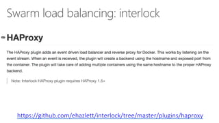 Swarm load balancing: interlock
https://github.com/ehazlett/interlock/tree/master/plugins/haproxy
 