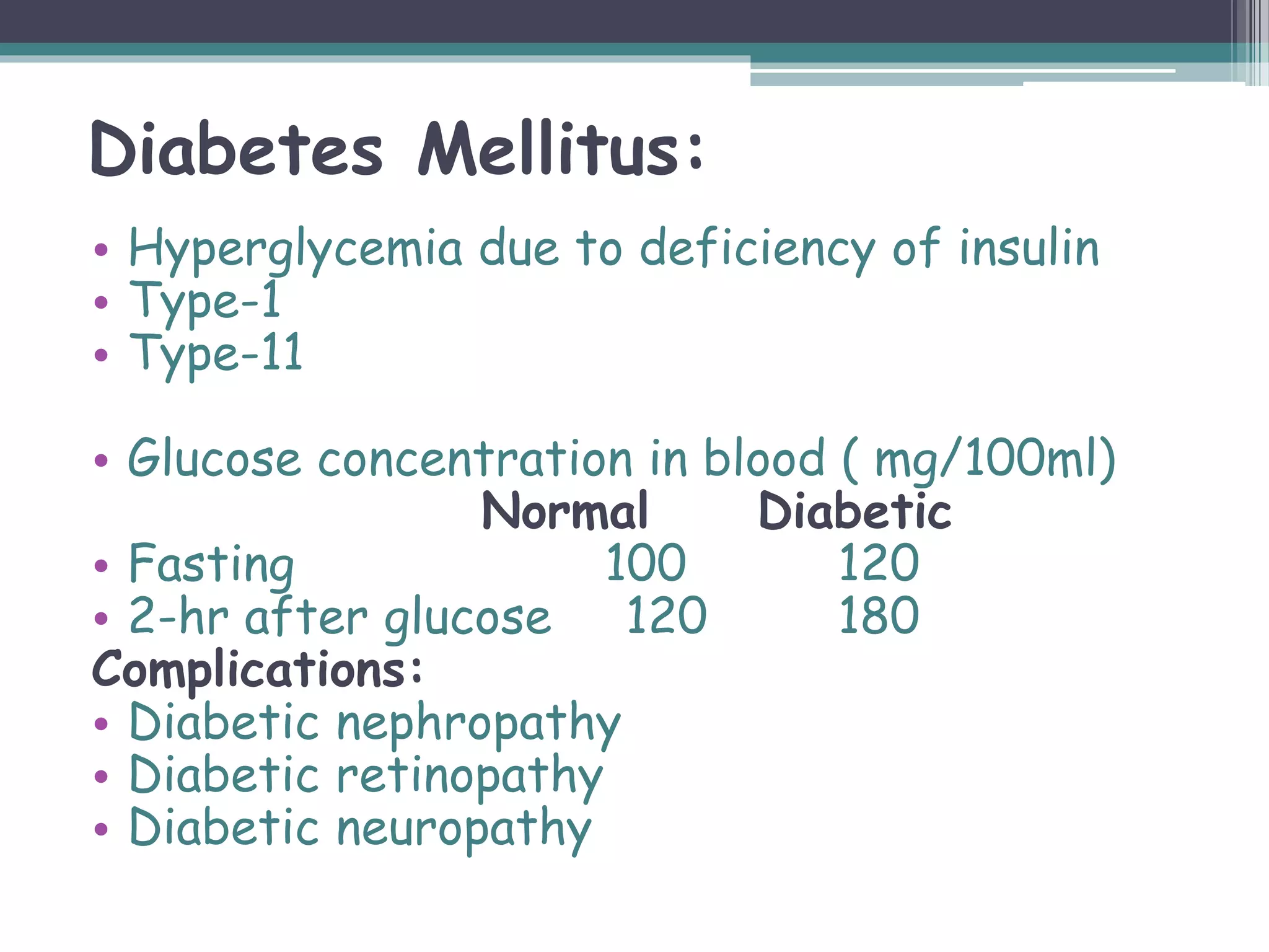 Diabetes Mellitus:
• Hyperglycemia due to deficiency of insulin
• Type-1
• Type-11
• Glucose concentration in blood ( mg/100ml)
Normal Diabetic
• Fasting 100 120
• 2-hr after glucose 120 180
Complications:
• Diabetic nephropathy
• Diabetic retinopathy
• Diabetic neuropathy
 