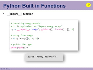 Dr. A. B. Shinde
Python Built in Functions
• __import__() function
17
 