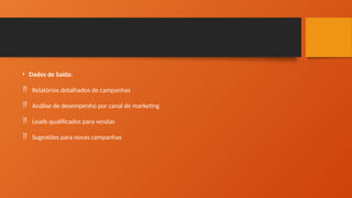 • Dados de Saída:
 Relatórios detalhados de campanhas
 Análise de desempenho por canal de marketing
 Leads qualificados para vendas
 Sugestões para novas campanhas
 